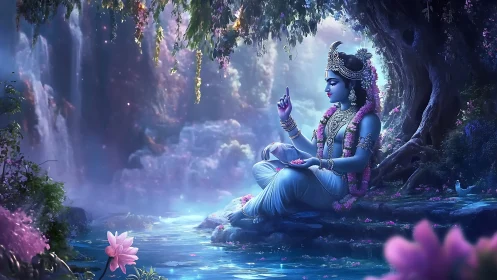 Divine blue figure in lotus grove with volumetric waterfall lighting