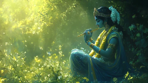 Divine flute player in luminous forest glade portrait.