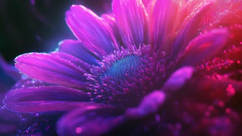 Neon-drenched macro blossom glowing in electric twilight.