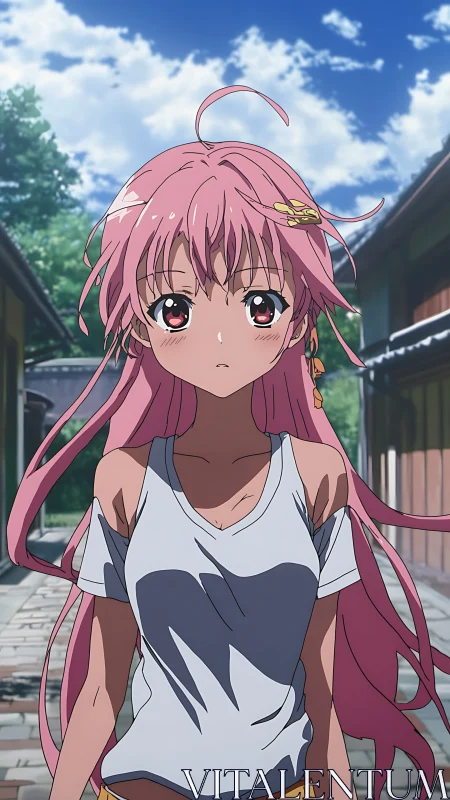 Pink haired anime girl walks sunlit alleyway alone.
