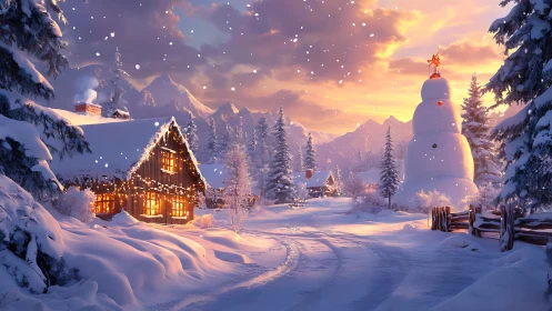 Snowy mountain village glows under warm winter sunset sky