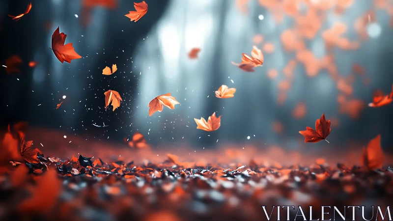 Cinematic shallow‑depth autumn leaves swirling in soft bokeh