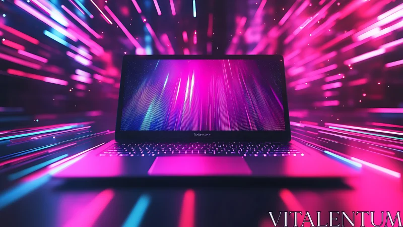 Laptop with neon motion trails in vivid pink lightscape.