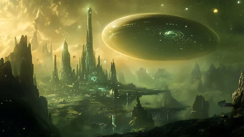 Golden alien city under a vast glowing cosmic halo.