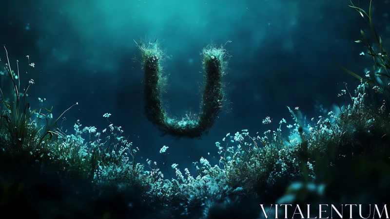 Glowing underwater letter U cradled in dreamy blue meadow.