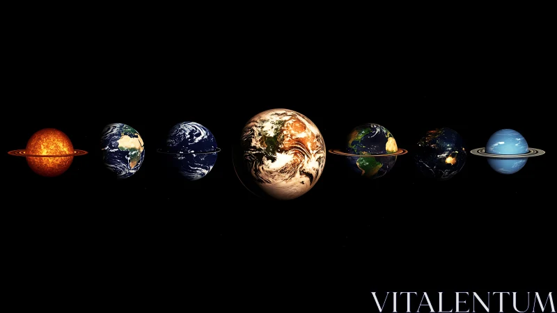 Solar system lineup with stylized Earth-like planets in space.