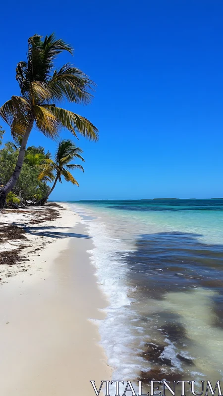 Tropical Shoreline with Palm Tree Crown and Turquoise Gradient Littoral Zone