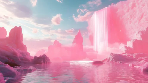 Pink fantasy canyon landscape shows glowing vertical waterfall
