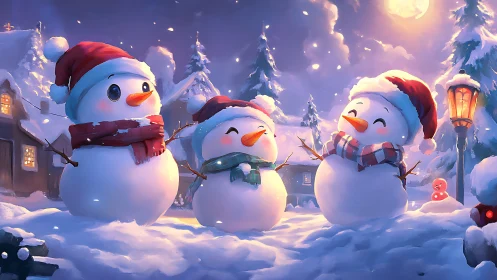 Joyful snowmen celebrate under glowing winter moonlight