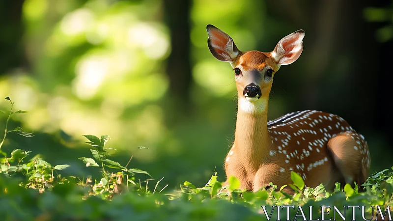 Young fawn rests in sunlit forest clearing with shallow focus