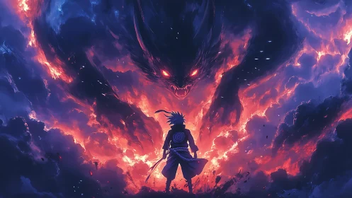 Backlit swordsman confronts colossal fiery demon in turbulent sky