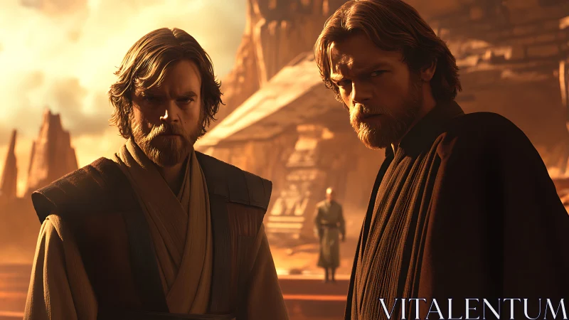 Bearded robed figures on rocky plateau in warm light.