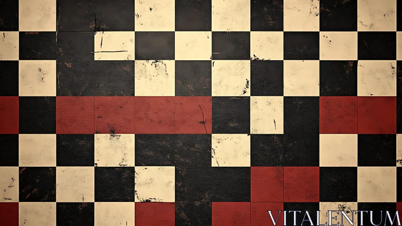 Vintage checkered floor with distressed red accent tiles, grunge style.