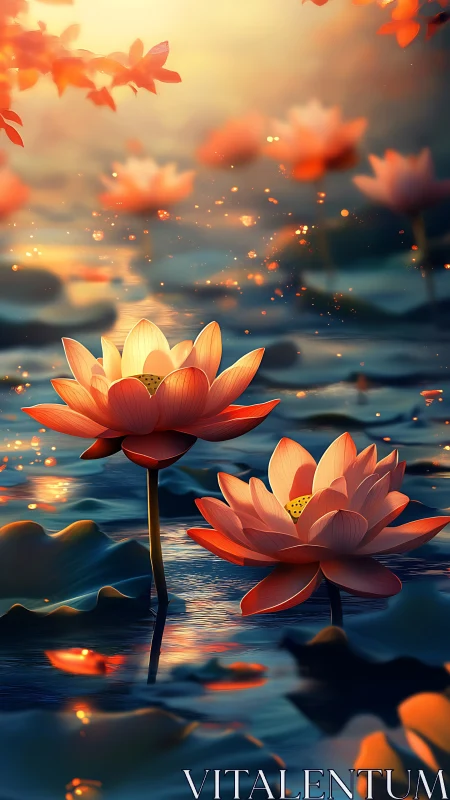 Lotus blossoms glow in golden evening light on tranquil water.