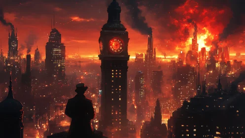 Silhouetted detective surveys a burning dystopian skyline.