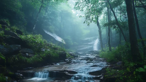 Misty forest creek cascades through layered woodland with atmospheric light diffusion