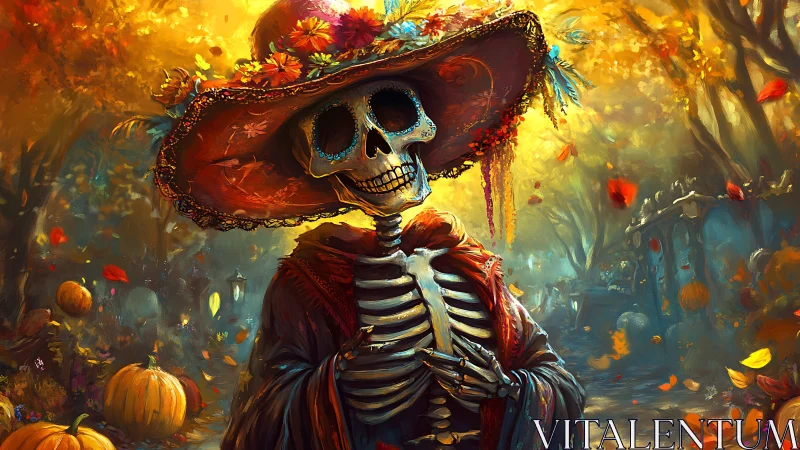 Elegant skeleton in floral hat walks through glowing autumn graveyard