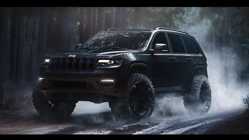 Off-road SUV emerges through mist in high-contrast forest lighting