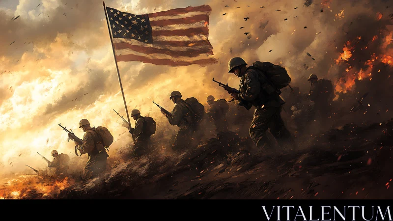 Soldiers advance through burning terrain under large US flag