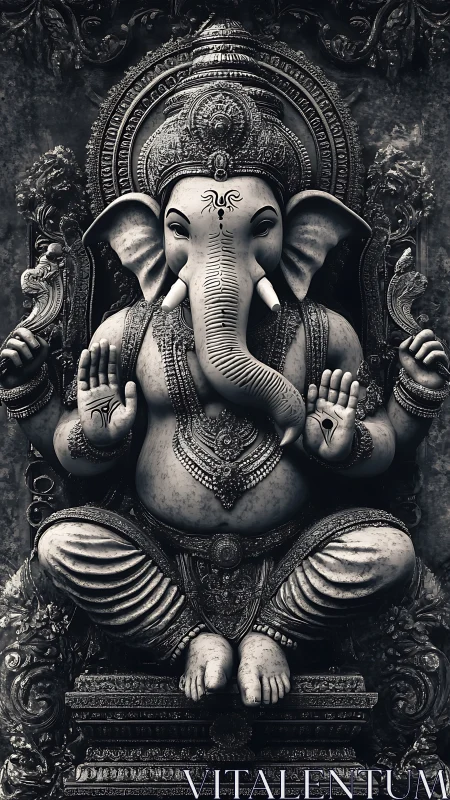 Monochrome seated Ganesha sculpture displays detailed relief