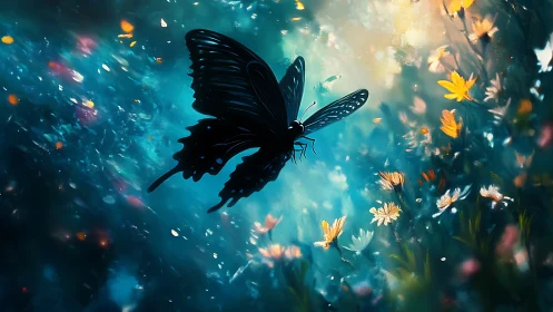 Black butterfly in glowing teal garden with wildflowers.