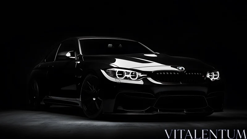 Midnight black BMW coupe gleams under dramatic studio light