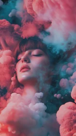Dreaming face drifts through colorful clouds of soft mist