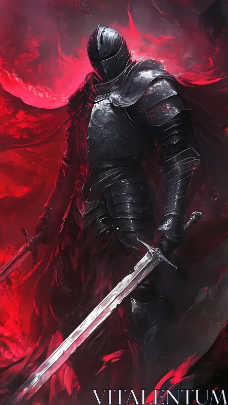 Blood‑red eclipse crowns a shadowforged knight in flame.