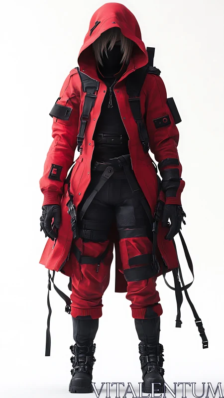 Hooded cyberpunk operative in tactical red streetwear gear.