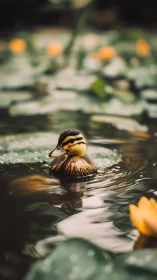 Duckling glides across lily pond in warm evening light.