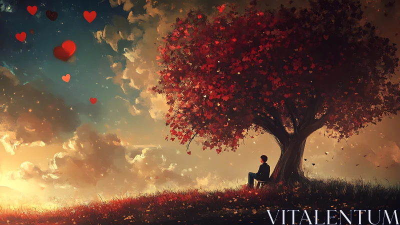 Solitary Figure Beneath Luminous Heart-Laden Tree at Sunset