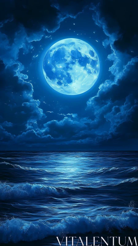 Luminous full moon ignites electric blue nocturnal sea