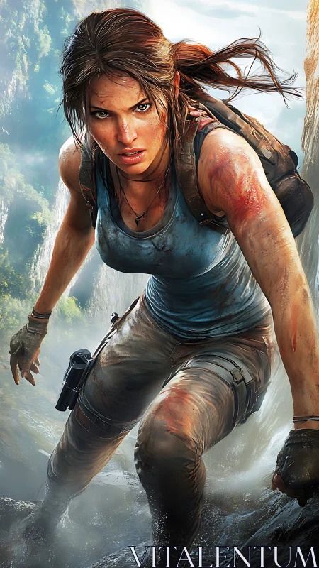 Dynamic adventurer portrait in high-impact digital realism.