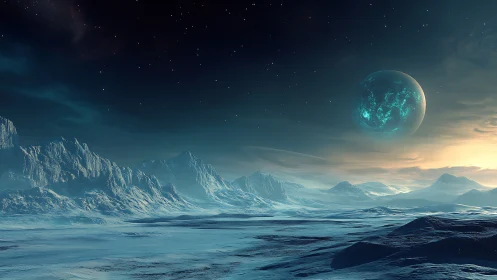 Cryogenic exoplanet landscape under luminous turquoise moon.