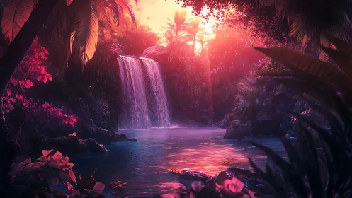 Luminous tropical waterfall lagoon under neon sunset glow.
