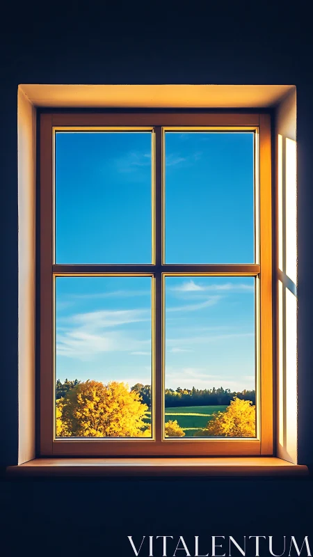Wood-framed window view of blue sky and autumn trees.