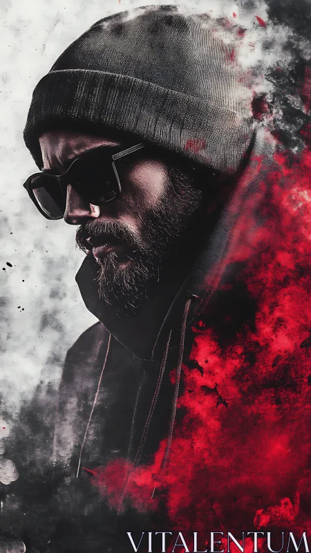 Man in beanie and hoodie framed by red and white smoke