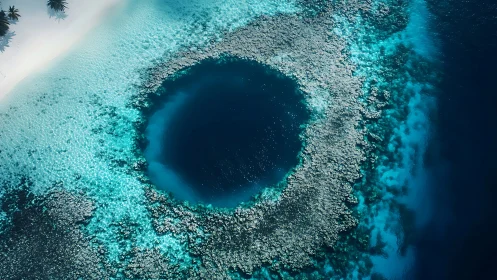 Aerial optical survey of circular marine sinkhole and reef ring.