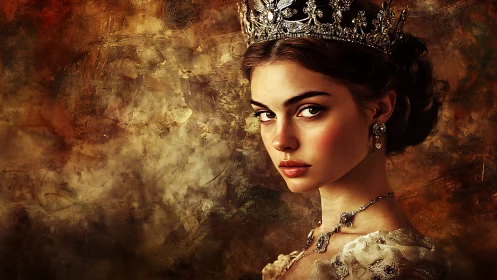 Baroque-lit digital portrait of jeweled crowned noblewoman.