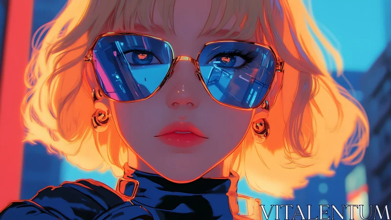 Neon city girl reflects electric skyline in mirrored shades.