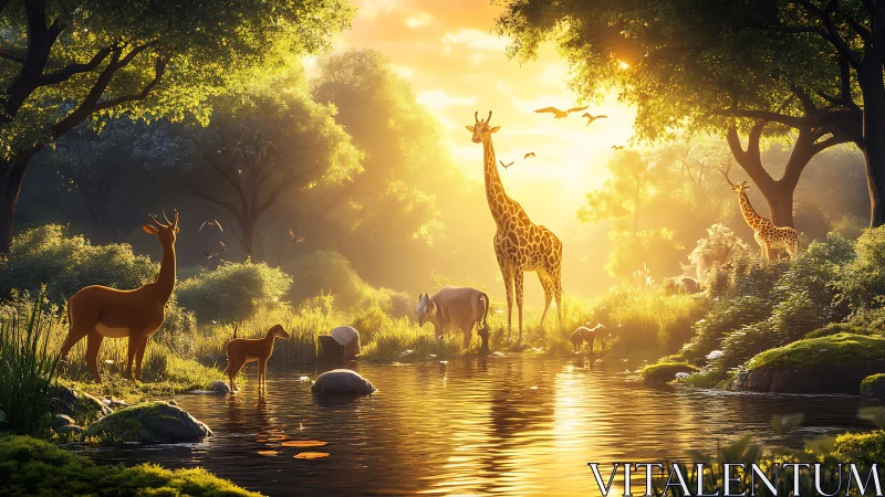 Golden-hour savanna wildlife rendered in luminous digital realism