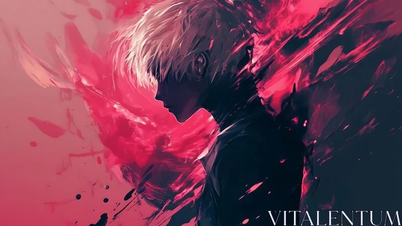 Side profile of white haired figure amid red digital energy