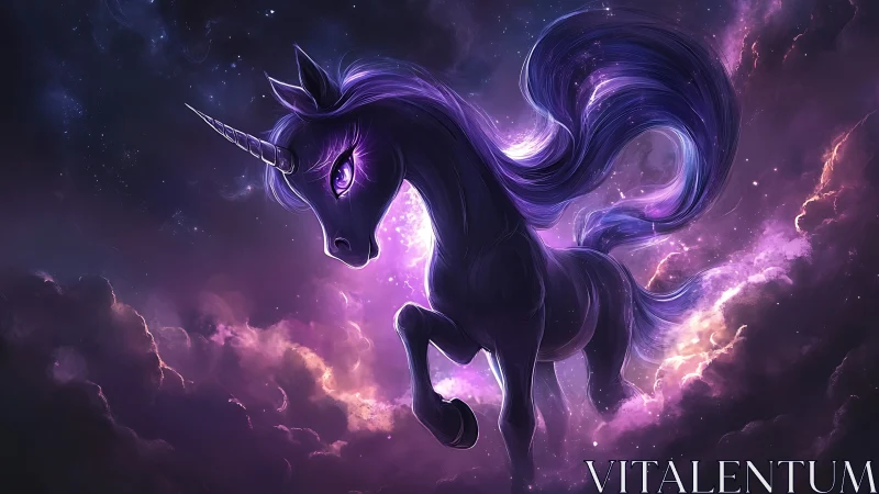 Purple spectral unicorn silhouette in luminous nebula field.