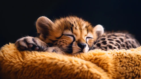 Drowsy cheetah cub napping in a golden plush cradle.