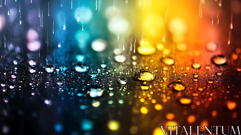 Colorful water droplets scatter across wet reflective surface