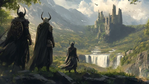 Armored figures observing distant castle beyond waterfalls.