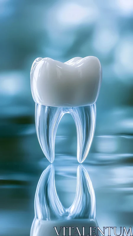Translucent tooth sculpture with reflective liquid surface.