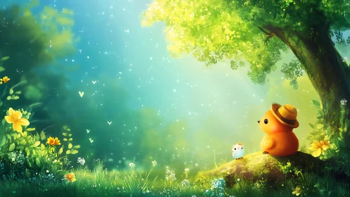 Small orange creature on forest rock in sunlit clearing.