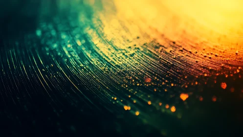Macro grooves on vinyl record under teal and yellow light