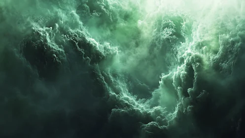 Turbulent emerald volumetric cloudfield in chaotic motion.